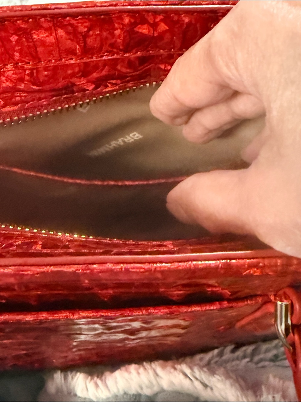 Glossy Red Croc-Embossed Satchel with Gold Accents teal leather - Picture 8 of 14